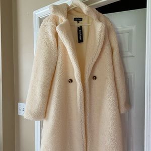 SHEIN white/cream teddy coat. Labeled as XS but has an oversized fit.